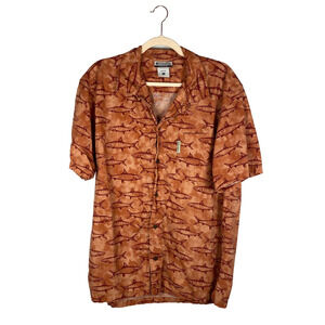 Columbia Button Shirt Mens Sz Large Fish Cotton Red Orange Camp Short Sleeve